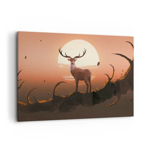 Quadro su tela - Stampe su Tela - Un cervo sullo sfondo del sole al tramonto e di un paesaggio surreale - 120x80cm - Questa notte è diversa dalle altre - Decorazione murale moderna per soggiorno e camera da letto ARTTOR