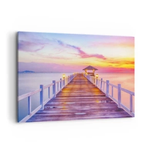 Quadro su tela - Stampe su Tela - Un molo sull'acqua al tramonto in colori pastello - 100x70cm - Silenzio della sera in lilla e oro - Decorazione murale moderna per soggiorno e camera da letto ARTTOR