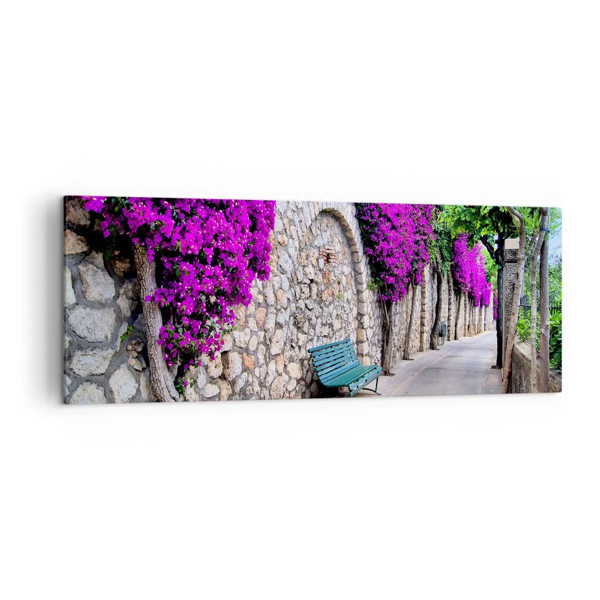 Quadro su tela - Stampe su Tela - Un sentiero in pietra con una panchina e fiori viola in fiore - 140x50cm - Incontriamoci al più presto - Decorazione murale moderna per soggiorno e camera da letto ARTTOR