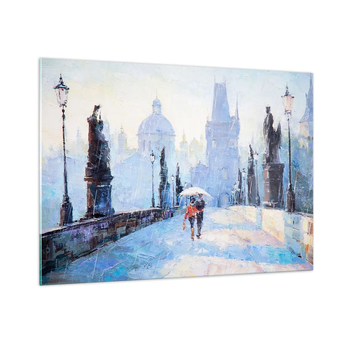 Quadro su vetro - Camminare con un ombrello su un ponte storico in una giornata piovosa - 100x70cm - La pioggia ci ha incantati - Decorazione murale moderna per soggiorno e camera da letto ARTTOR