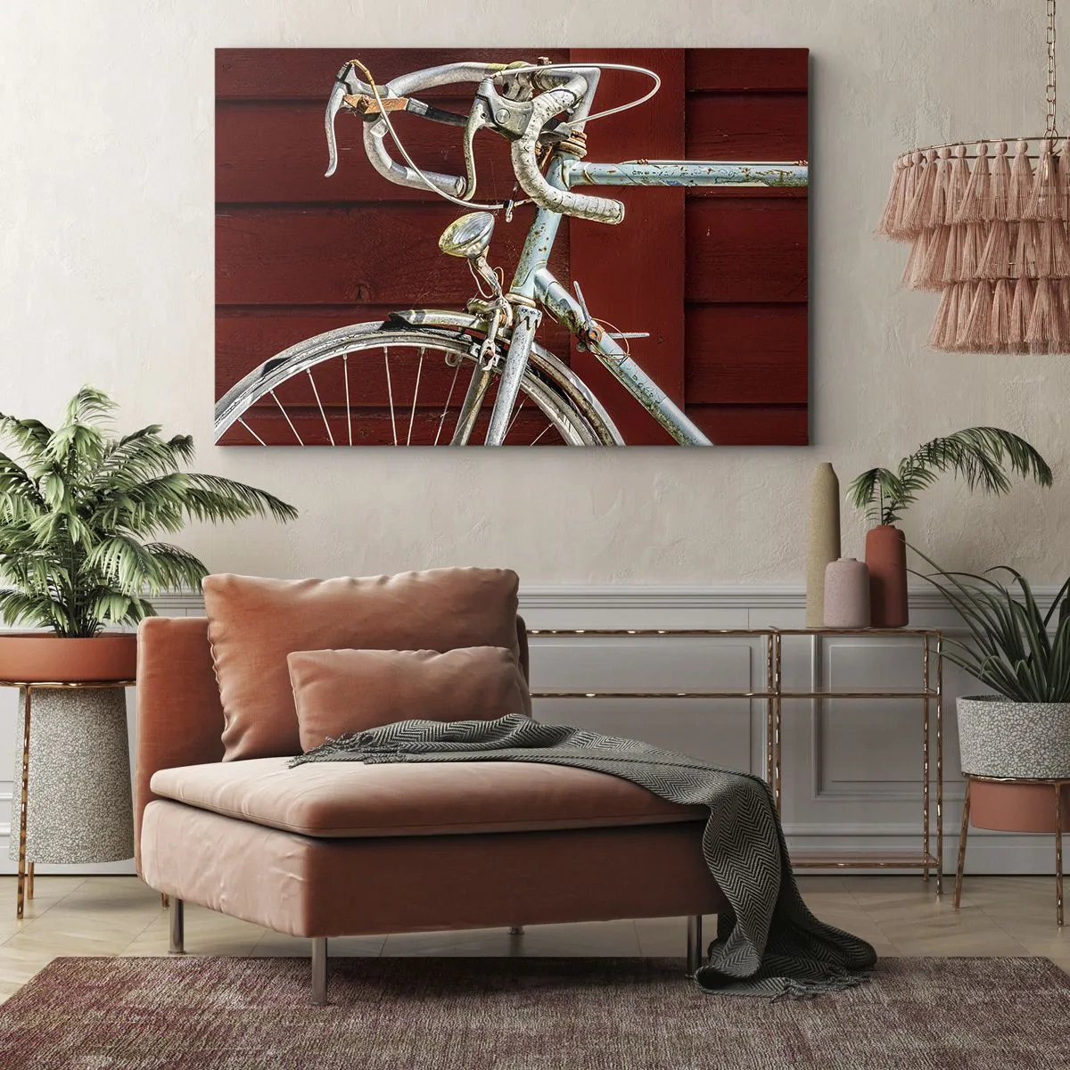 Quadro su tela - Stampe su Tela - Una bicicletta d'epoca contro un muro di legno rosso - 100x70cm - Creata per la vittoria - Decorazione murale moderna per soggiorno e camera da letto ARTTOR