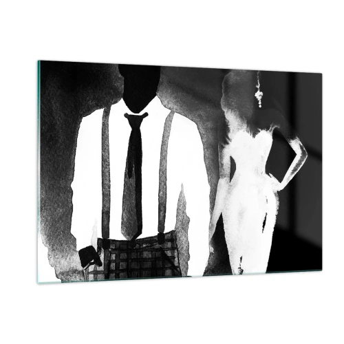 Quadro su vetro - Silhouette in bianco e nero di un'elegante coppia noir - 120x80cm - Atmosfera noir - Decorazione murale moderna per soggiorno e camera da letto ARTTOR