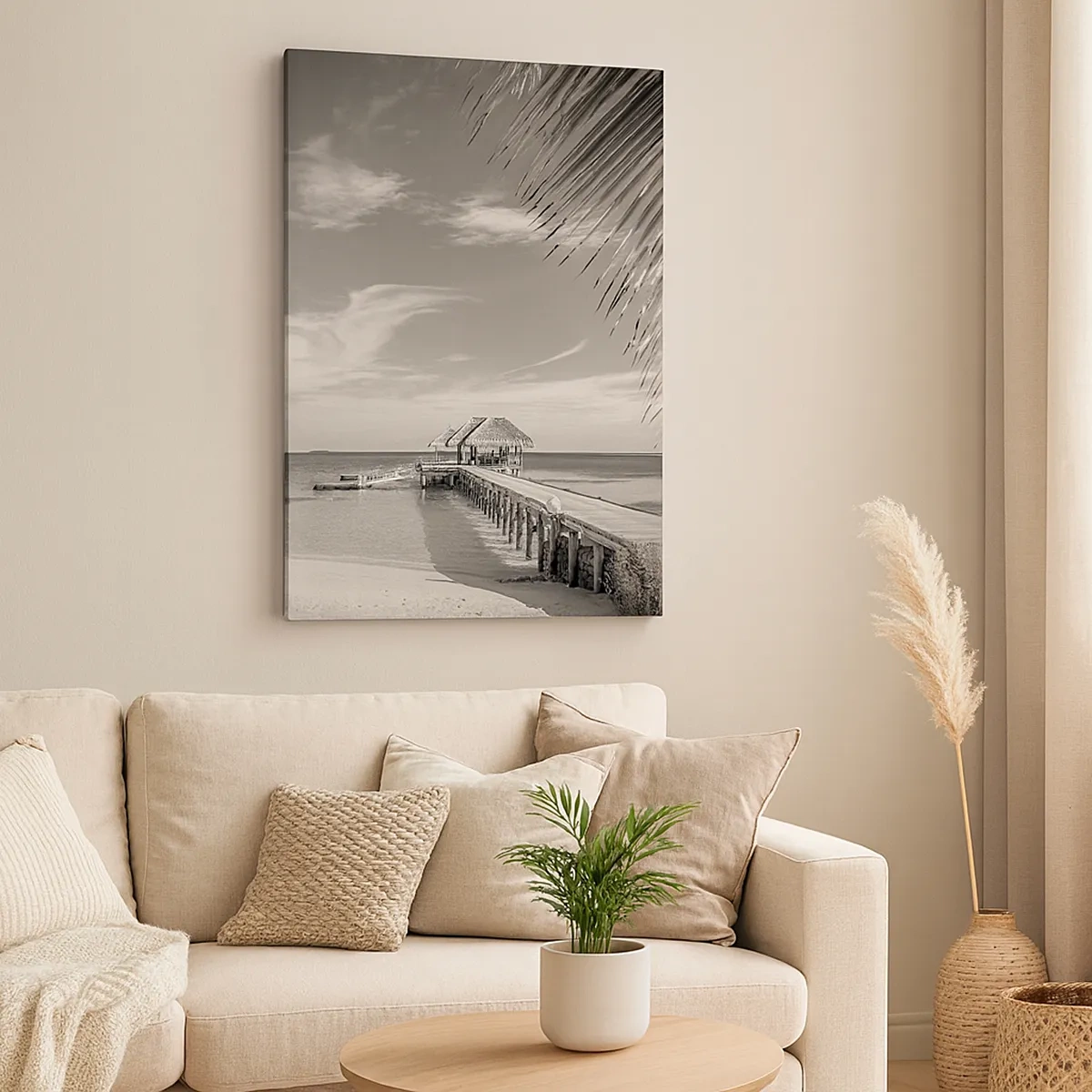 Quadro su tela - Stampe su Tela - Spiaggia bianca e nera con molo e palme su una costa tropicale - 50x70cm - Un ricordo o un sogno? - Decorazione murale moderna per soggiorno e camera da letto ARTTOR