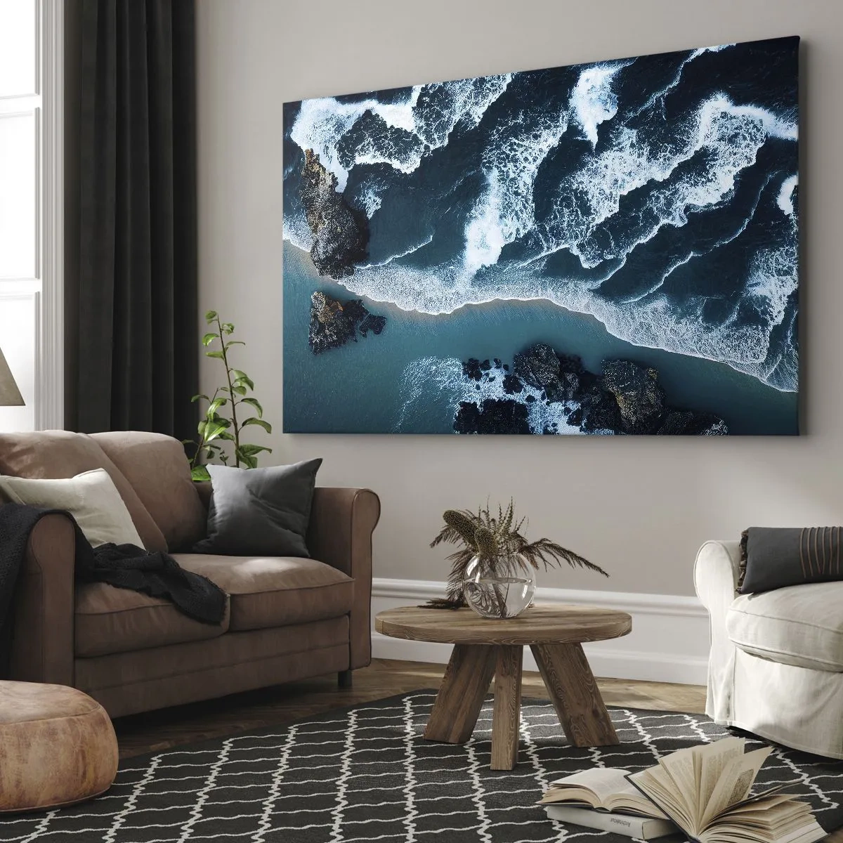 Quadro su tela - Stampe su Tela - Vista aerea delle onde che si infrangono sulla riva - 70x50cm - Avvolte dalle onde - Decorazione murale moderna per soggiorno e camera da letto ARTTOR
