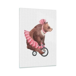 Quadro su vetro - Un orsacchiotto con una gonna rosa su una bicicletta in stile retrò - 80x120cm - Evviva il circo! - Decorazione murale moderna per soggiorno e camera da letto ARTTOR
