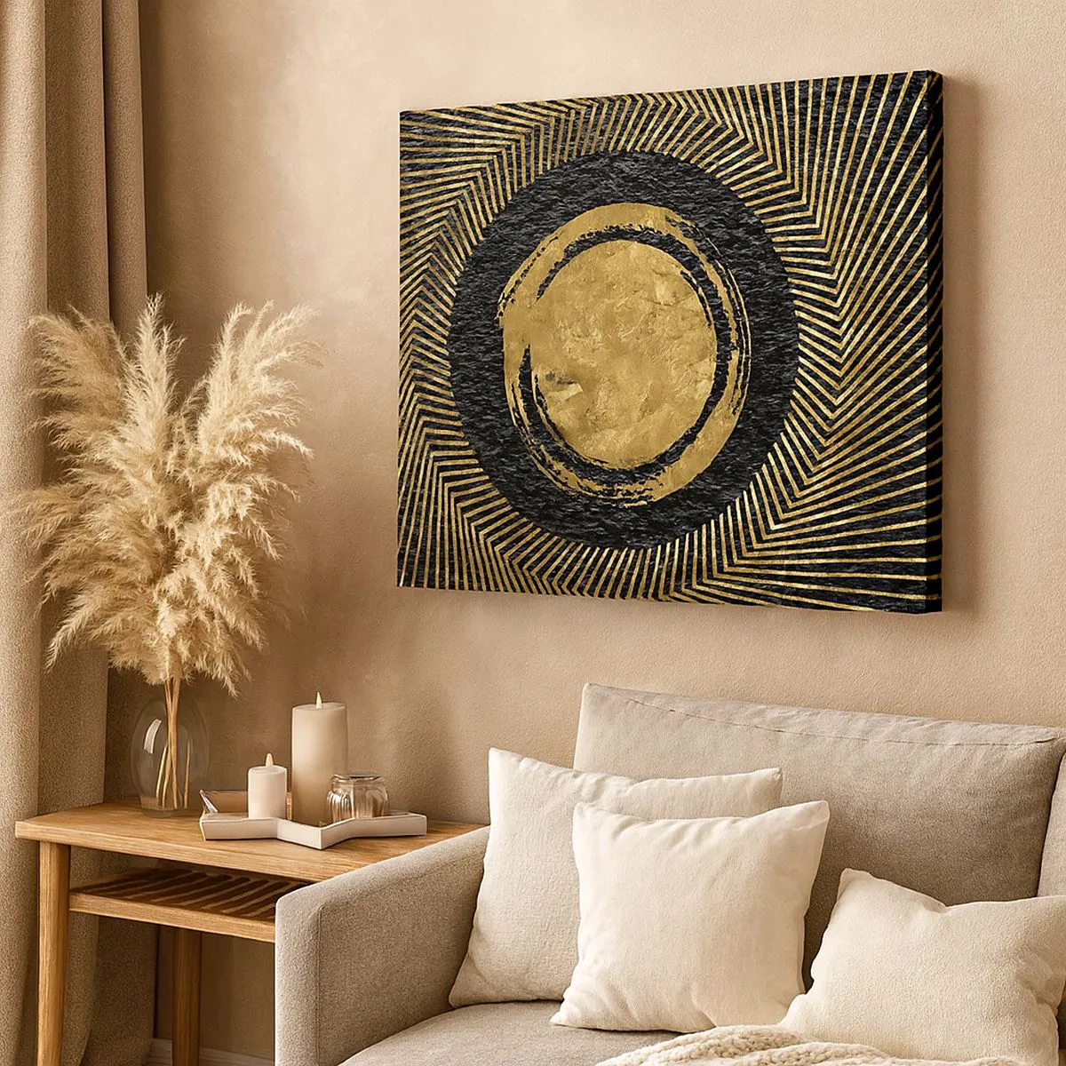 Quadro su tela - Stampe su Tela - Composizione geometrica in nero e oro con raggi - 70x50cm - Composizione glamour - Decorazione murale moderna per soggiorno e camera da letto ARTTOR