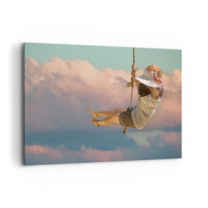 Quadro su tela - Stampe su Tela - Donna su un'altalena tra le nuvole rosa - 120x80cm - Divertimento tra le nuvole - Decorazione murale moderna per soggiorno e camera da letto ARTTOR
