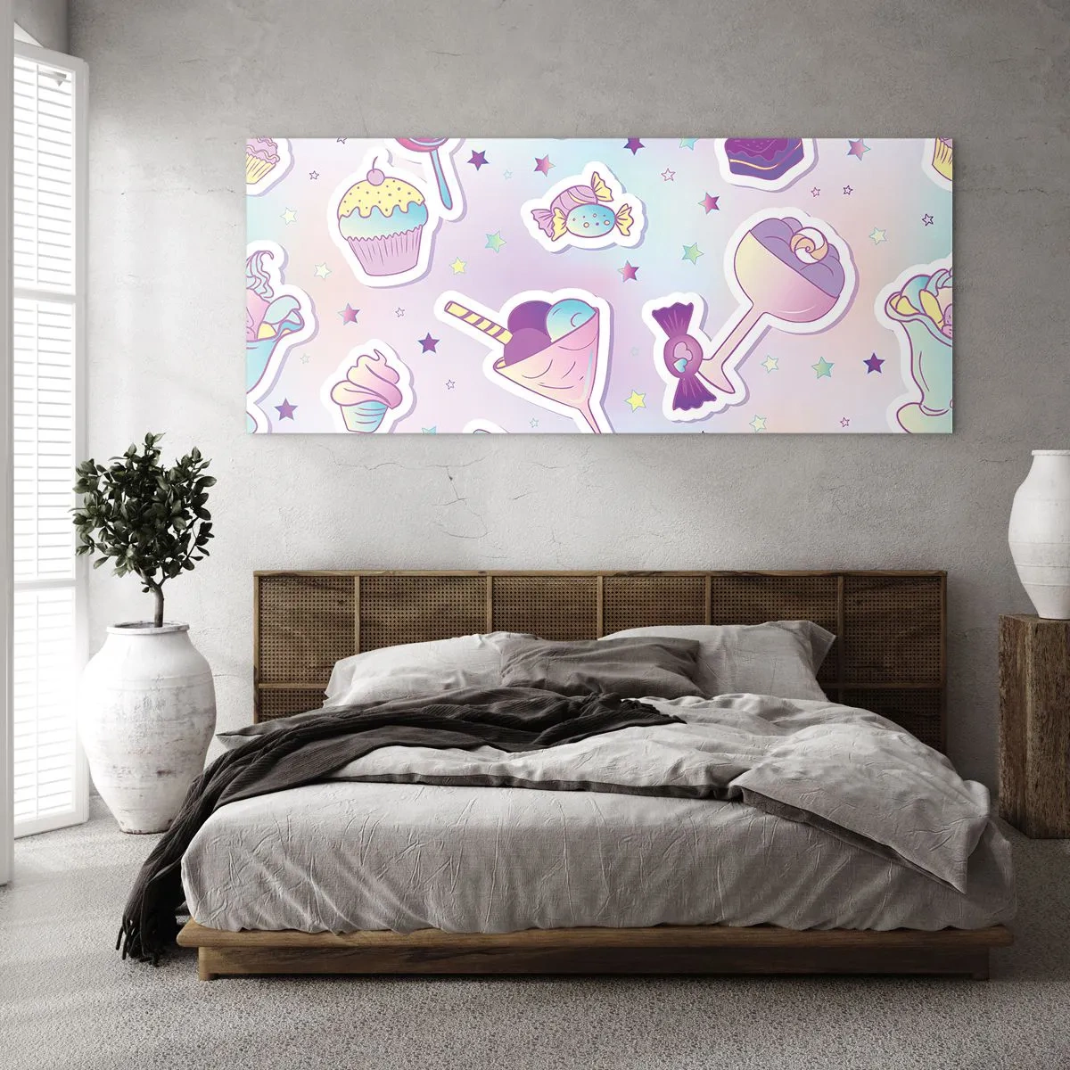 Quadro su vetro - Motivi pastello con dolci e dessert - 140x50cm - Ogni giorno è il mio compleanno - Decorazione murale moderna per soggiorno e camera da letto ARTTOR
