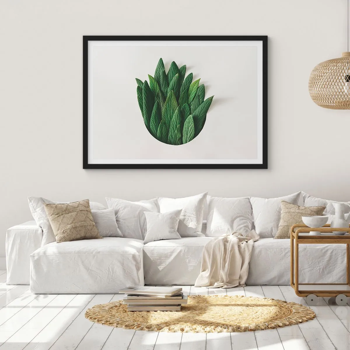 Poster in cornice nera - Una composizione di foglie verdi su uno sfondo chiaro - 100x70cm - Curiosità irrefrenabile - Decorazione murale moderna per soggiorno e camera da letto ARTTOR