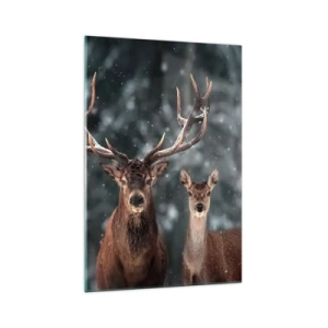 Quadro su vetro - Cervi in una foresta invernale innevata - 70x100cm - Il re della foresta con la consorte - Decorazione murale moderna per soggiorno e camera da letto ARTTOR