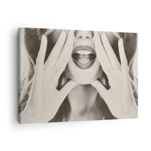Quadro su tela - Stampe su Tela - Ritratto in bianco e nero di una donna con labbra e mani espressive - 70x50cm - Arrivo! - Decorazione murale moderna per soggiorno e camera da letto ARTTOR