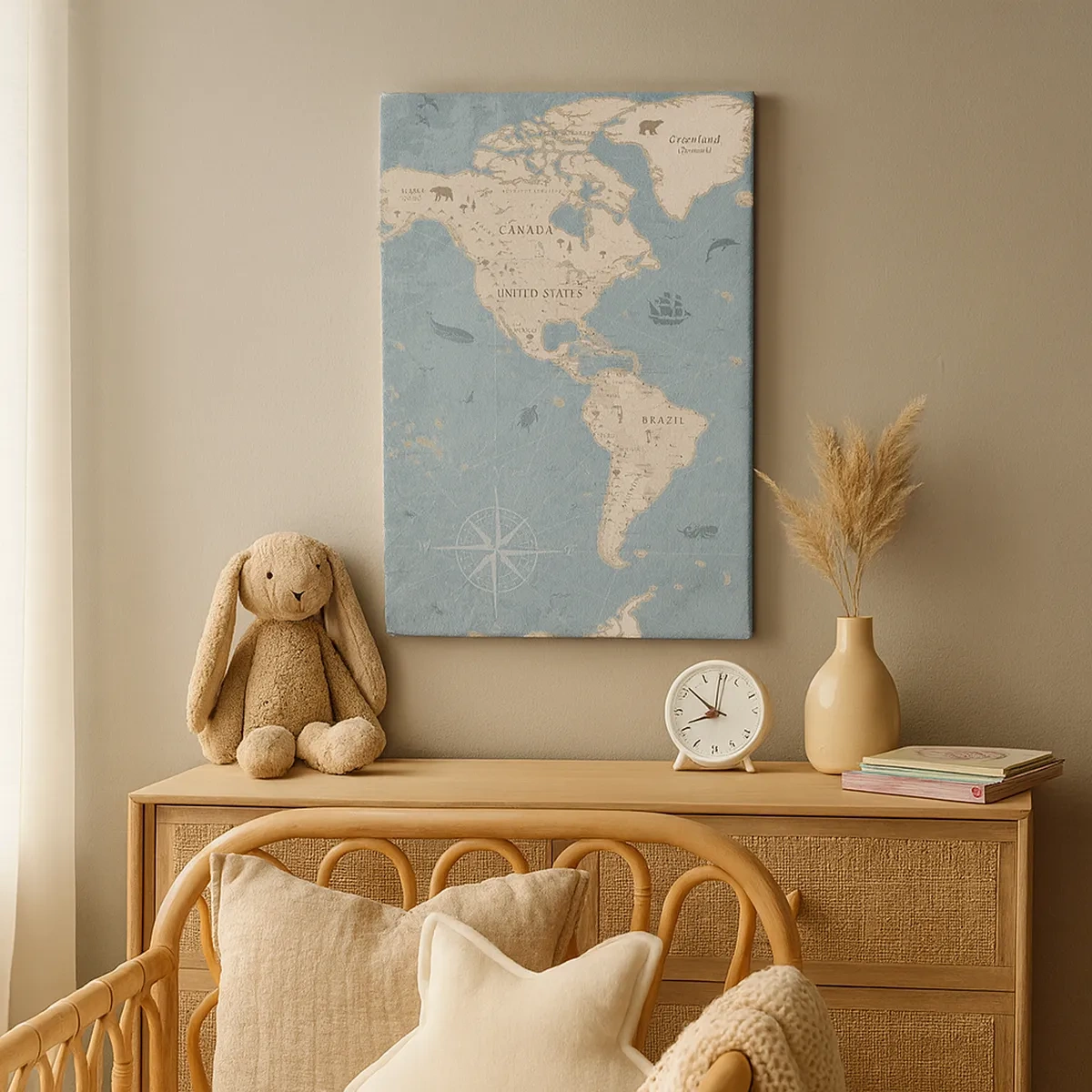 Quadro su tela - Stampe su Tela - Mappa del mondo decorativa nei toni del blu e del beige - 50x70cm - Il mondo a portata di mano - Decorazione murale moderna per soggiorno e camera da letto ARTTOR