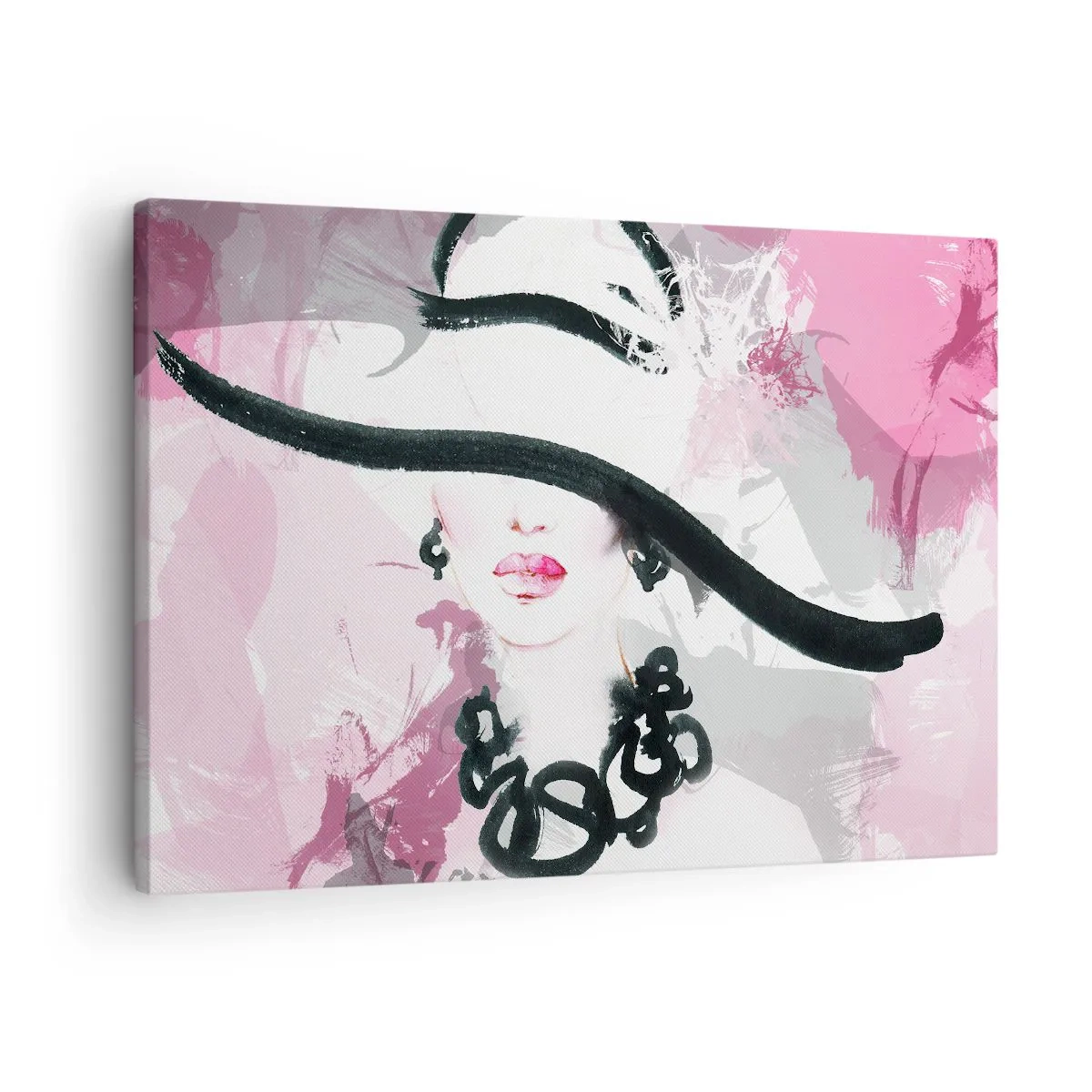 Quadro su tela - Stampe su Tela - Una donna elegante con un cappello su uno sfondo di astrazioni rosa. - 70x50cm - Ritratto di donna in nero e rosa - Decorazione murale moderna per soggiorno e camera da letto ARTTOR