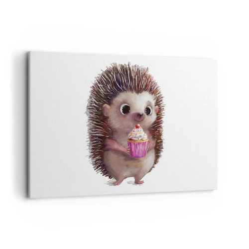 Quadro su tela - Stampe su Tela - Un simpatico riccio con un cupcake - 120x80cm - Festa ogni giorno - Decorazione murale moderna per soggiorno e camera da letto ARTTOR