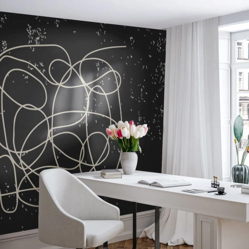 Fotomurali Premium Sand - Linee bianche astratte su uno sfondo nero strutturato - 100x70cm - Il caos dei pensieri - Decorazione murale moderna per soggiorno e camera da letto ARTTOR