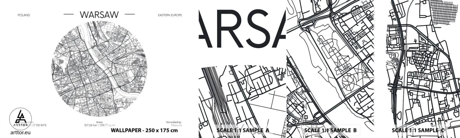 Campione di Fotomurale Adesivo Deluxe Sticker - Anatomia di Varsavia - Carta geografica, Varsavia, Polonia - 100x30 cm