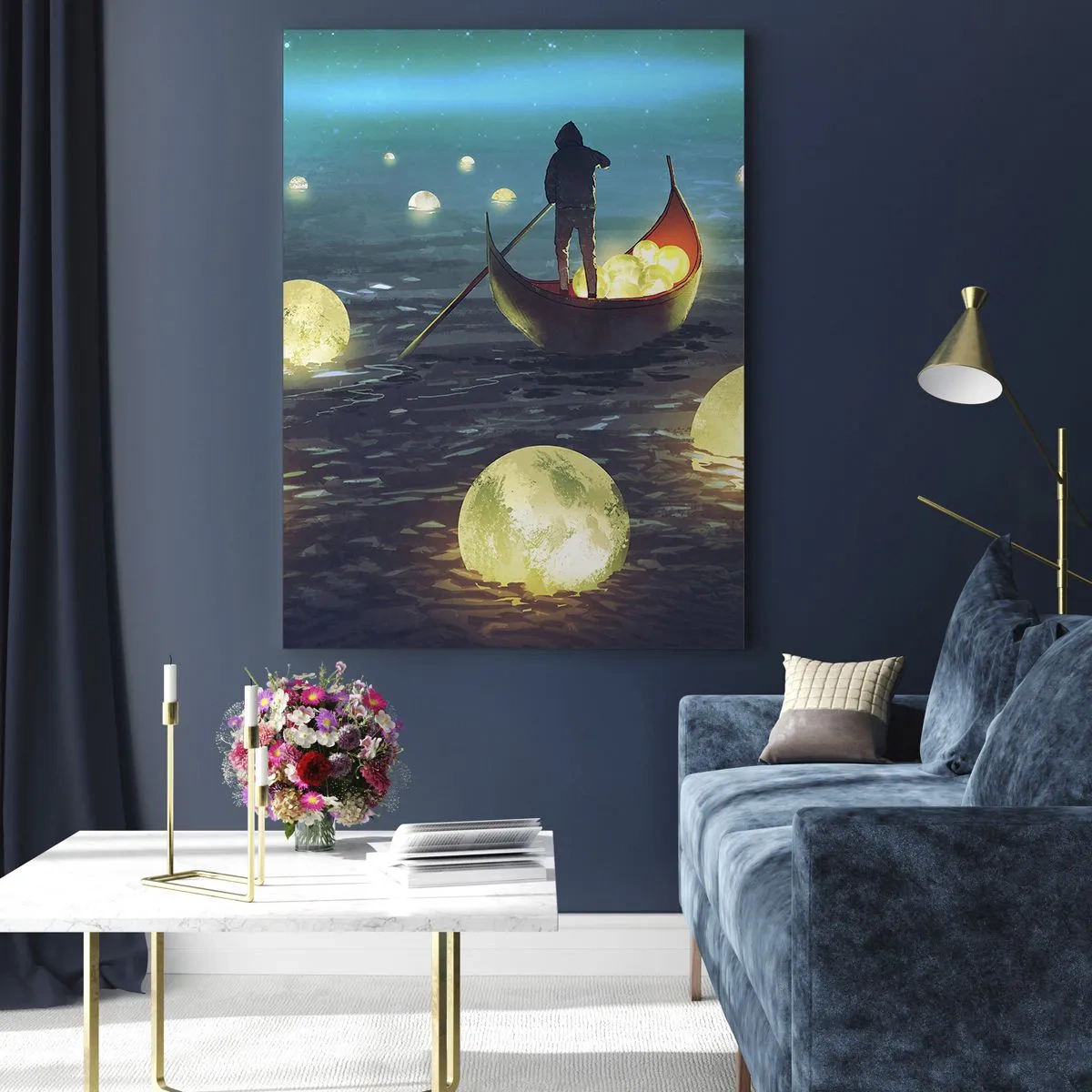 Quadro su vetro - Una barca con lanterne sull'acqua in un paesaggio surreale - 50x70cm - Cose che neanche i filosofi hanno sognato - Decorazione murale moderna per soggiorno e camera da letto ARTTOR
