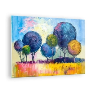 Quadro su vetro - Alberi colorati su uno sfondo di paesaggio astratto - 70x50cm - Sfera: forma ideale - Decorazione murale moderna per soggiorno e camera da letto ARTTOR