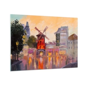 Quadro su vetro - Il mulino a vento rosso del Moulin Rouge tra i palazzi parigini - 70x50cm - Le icone di Parigi: il Moulin Rouge - Decorazione murale moderna per soggiorno e camera da letto ARTTOR