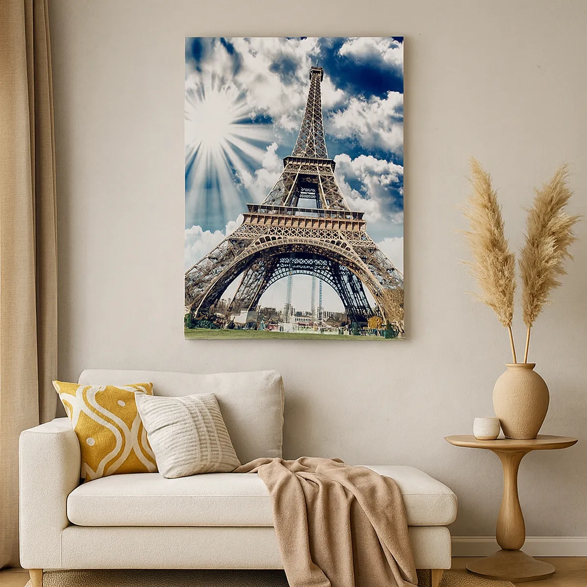 Quadro su tela - Stampe su Tela - La Torre Eiffel contro un cielo soleggiato con nuvole - 50x70cm - Unica al mondo - Decorazione murale moderna per soggiorno e camera da letto ARTTOR