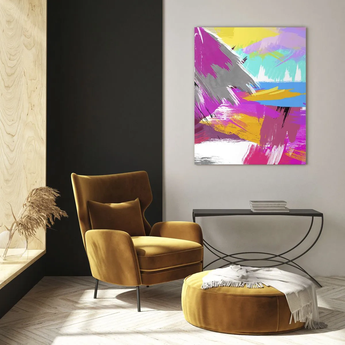 Quadro su vetro - Astrazione dinamica in colori intensi - 70x100cm - Pennellata dopo pennellata - Decorazione murale moderna per soggiorno e camera da letto ARTTOR