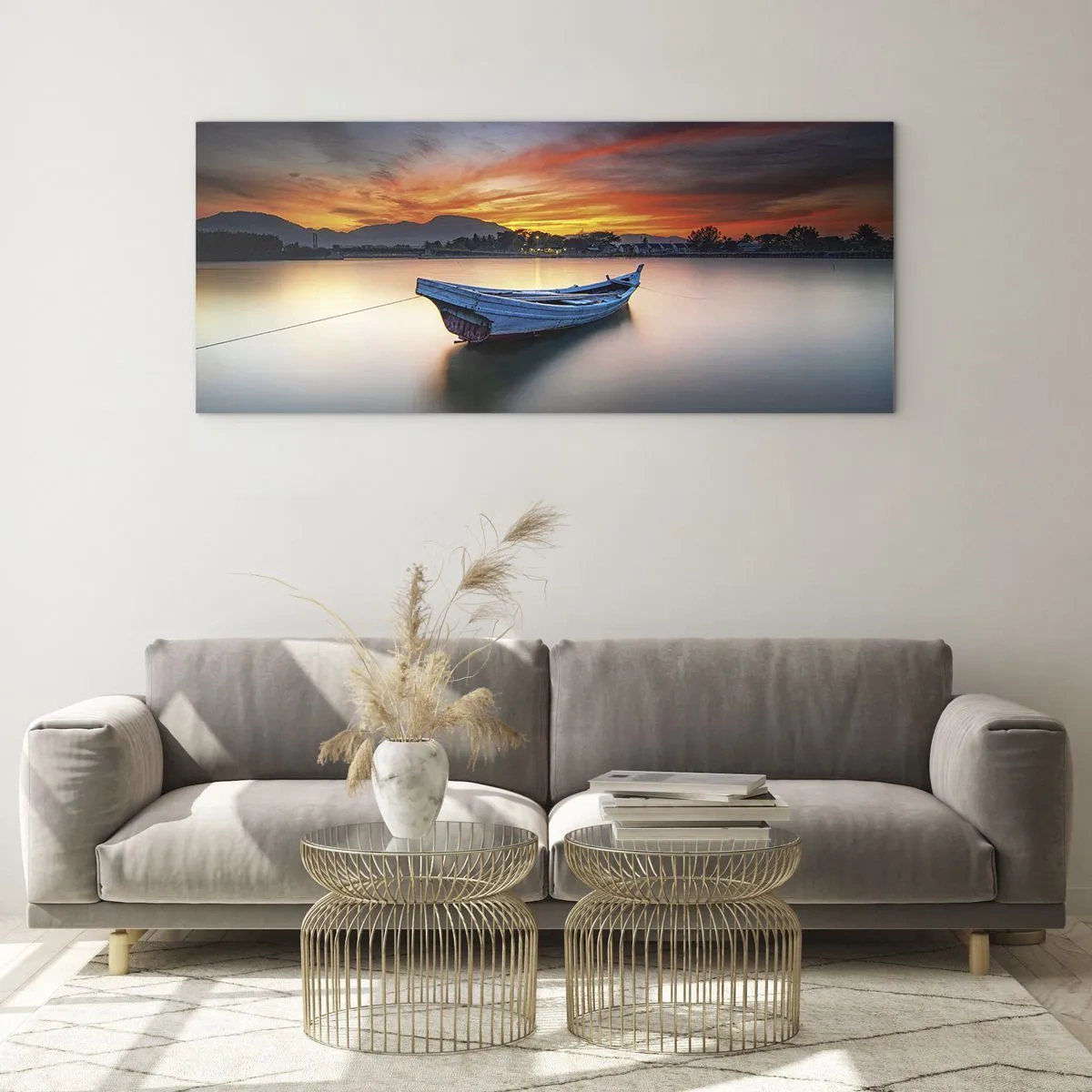 Quadro su vetro - Una barca sull'acqua durante un pittoresco tramonto - 140x50cm - Viene una notte buona - Decorazione murale moderna per soggiorno e camera da letto ARTTOR