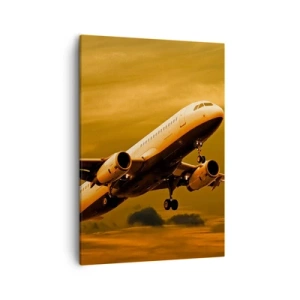 Quadro su tela - Stampe su Tela - Un aereo passeggeri decolla sullo sfondo di un cielo dorato al tramonto. - 50x70cm - In volo verso il sole - Decorazione murale moderna per soggiorno e camera da letto ARTTOR