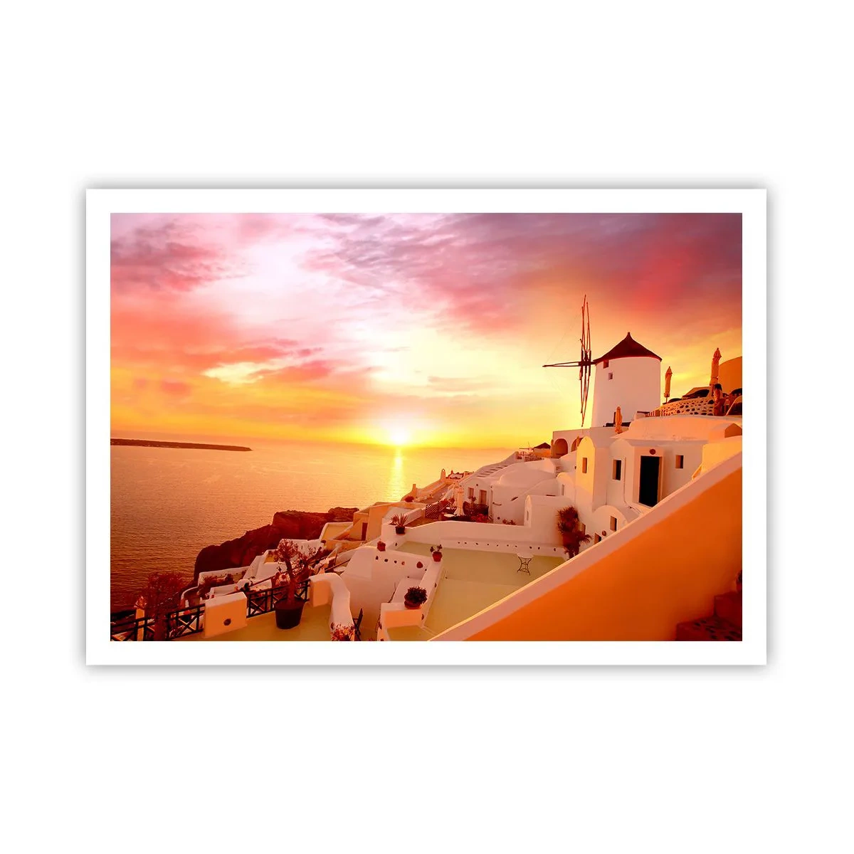 Poster - Santorini al tramonto con un mulino a vento - 100x70cm - Sciogliersi nel bianco e nell'oro - Decorazione murale moderna per soggiorno e camera da letto ARTTOR