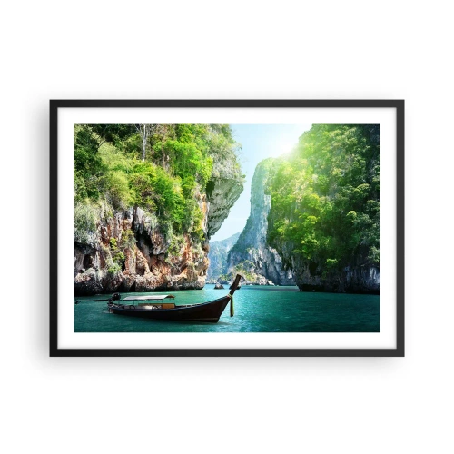 Poster in cornice nera - Una barca tradizionale sullo sfondo di scogliere tropicali e acque turchesi - 70x50cm - Invito a un viaggio esotico - Decorazione murale moderna per soggiorno e camera da letto ARTTOR