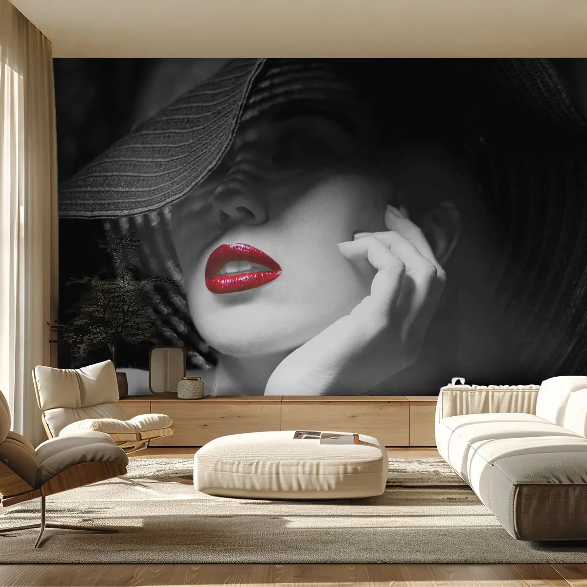 Fotomurali Premium Sand - Donna con cappello nero e labbra rosse - 100x70cm - Studio in scarlatto - Decorazione murale moderna per soggiorno e camera da letto ARTTOR