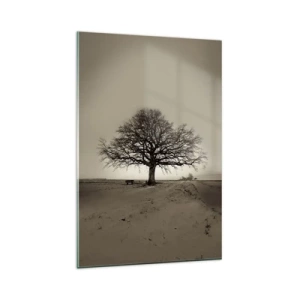Quadro su vetro - Un albero solitario in un campo color seppia - 80x120cm - Da qui all'eternità - Decorazione murale moderna per soggiorno e camera da letto ARTTOR