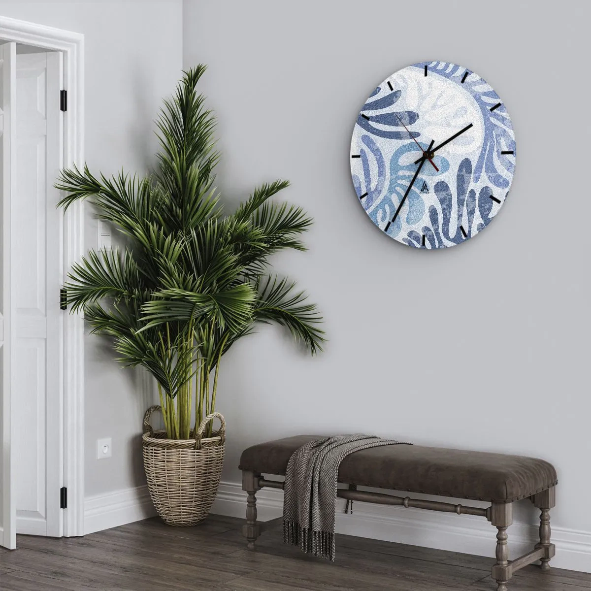 Orologio da parete - Orologio in Vetro - Forme organiche blu su uno sfondo chiaro - 30x30cm - Felci blu - Decorazione murale moderna per soggiorno, cucina e camera da letto ARTTOR