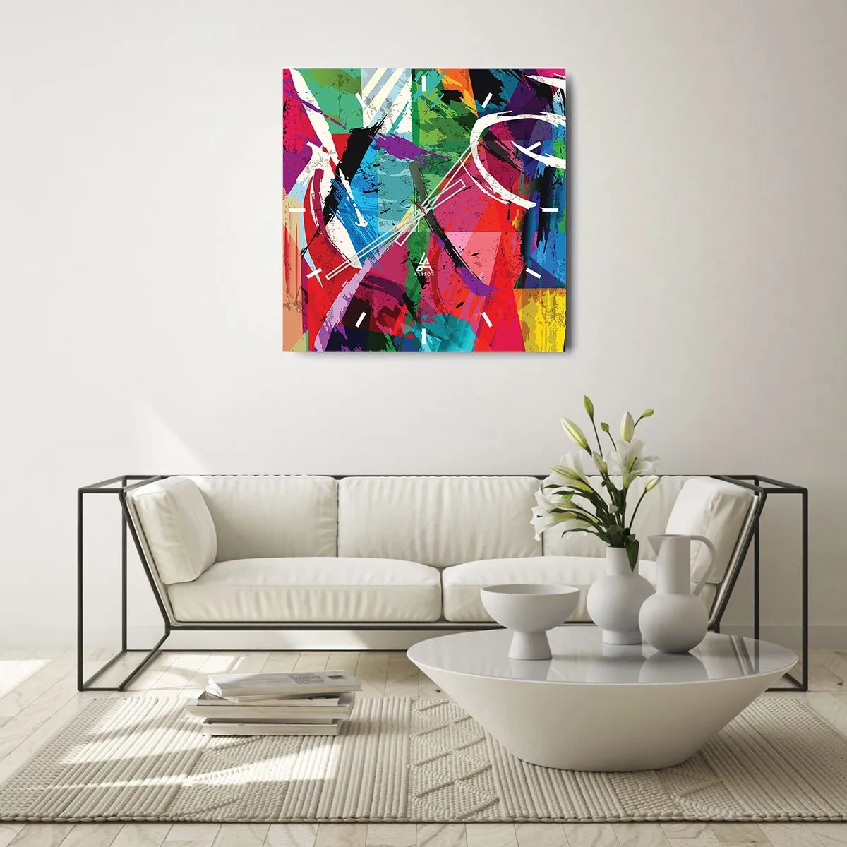 Orologio da parete - Orologio in Vetro - Astrazione colorata con pennellate dinamiche - 30x30cm - Veloce, vivo e saltellante - Decorazione murale moderna per soggiorno e camera da letto ARTTOR