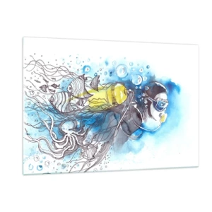 Quadro su vetro - Subacqueo sott'acqua con pesci in acquerello artistico - 120x80cm - Il grande blu - Decorazione murale moderna per soggiorno e camera da letto ARTTOR