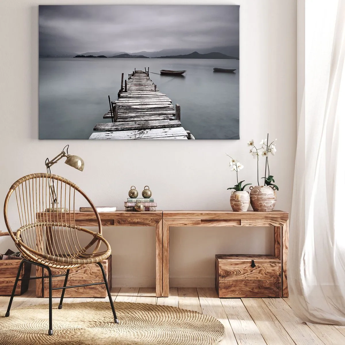 Quadro su tela - Stampe su Tela - Un ponte di legno che conduce alla superficie calma del lago - 70x50cm - Domani puoi partire - Decorazione murale moderna per soggiorno e camera da letto ARTTOR