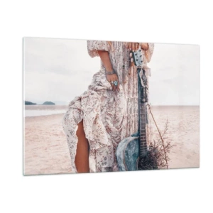 Quadro su vetro - Donna in stile boho con chitarra su una spiaggia deserta - 120x80cm - Figli dei fiori in cammino - Decorazione murale moderna per soggiorno e camera da letto ARTTOR