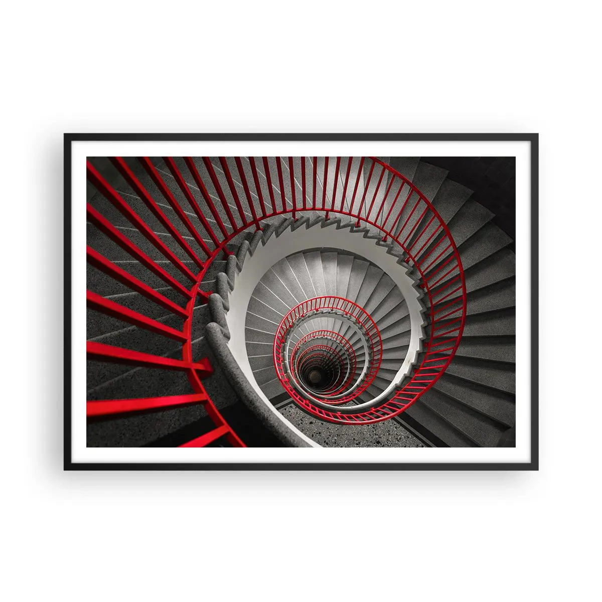 Poster in cornice nera - Scala a chiocciola con corrimano rossi in prospettiva dinamica - 100x70cm - I giochi dell'architettura - Decorazione murale moderna per soggiorno e camera da letto ARTTOR