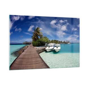 Quadro su vetro - Molo esotico, barche e acqua turchese - 120x80cm - Il paradiso esiste davvero - Decorazione murale moderna per soggiorno e camera da letto ARTTOR