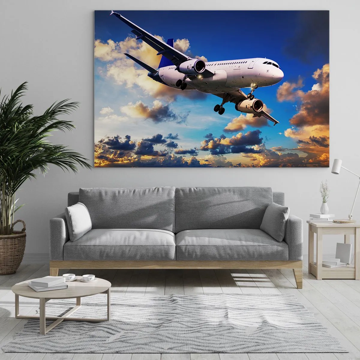 Quadro su vetro - Un aereo in volo contro un cielo pittoresco - 70x50cm - Viaggio nel bianco e nel blu - Decorazione murale moderna per soggiorno e camera da letto ARTTOR
