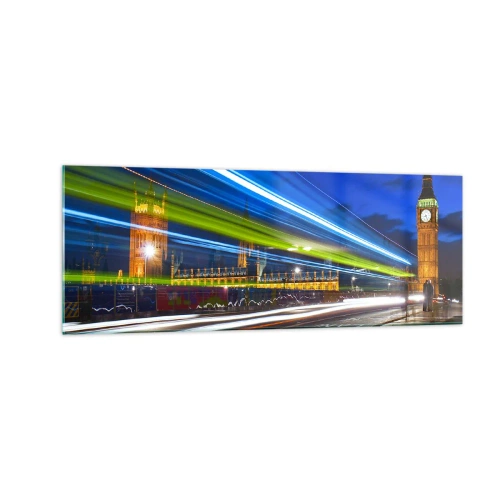 Quadro su vetro - Big Ben di notte con l'effetto delle luci nel traffico stradale - 140x50cm - Sotto lo sguardo del Big Ben - Decorazione murale moderna per soggiorno e camera da letto ARTTOR