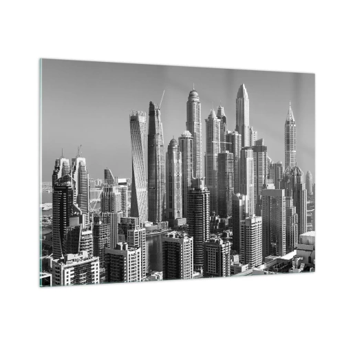Quadro su vetro - Panorama in bianco e nero dei grattacieli della città - 100x70cm - La città sul deserto - Decorazione murale moderna per soggiorno e camera da letto ARTTOR