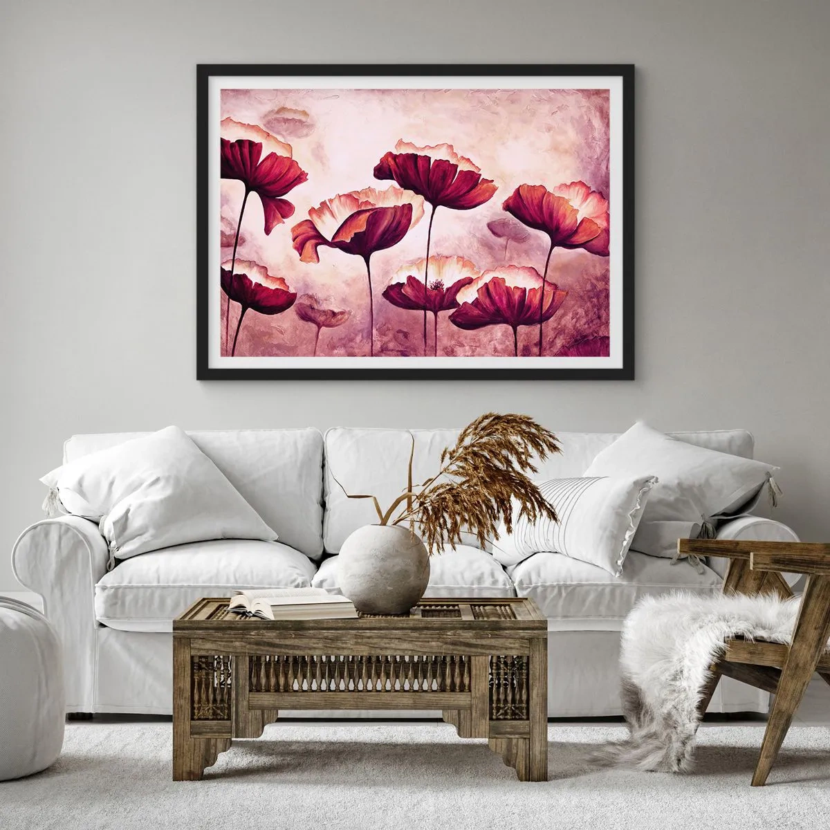Poster in cornice nera - Fiori nei toni del rosso e del bianco su uno sfondo delicato - 70x50cm - Petalo rosso e bianco - Decorazione murale moderna per soggiorno e camera da letto ARTTOR