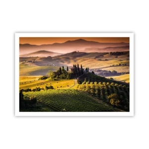 Poster - Paesaggio toscano con vigneti e una casa su una collina - 100x70cm - Arcadia: paesaggio toscano - Decorazione murale moderna per soggiorno e camera da letto ARTTOR