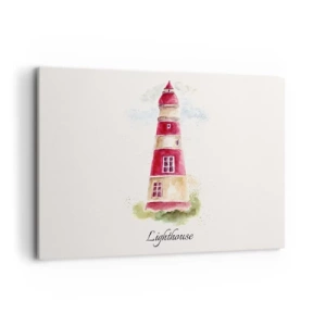 Quadro su tela - Stampe su Tela - Dipinto ad acquerello di un faro su sfondo chiaro con un'iscrizione - 120x80cm - Attorno è sempre bel tempo - Decorazione murale moderna per soggiorno e camera da letto ARTTOR