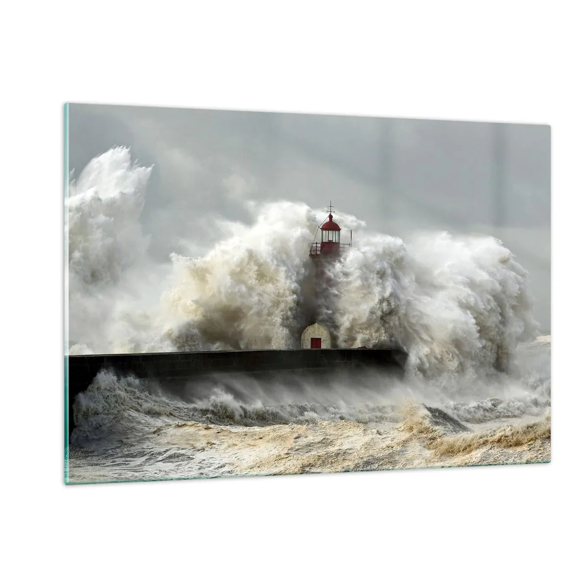 Quadro su vetro - Un faro circondato da onde potenti - 120x80cm - L'ira dell'oceano - Decorazione murale moderna per soggiorno e camera da letto ARTTOR