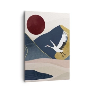 Quadro su tela - Stampe su Tela - Gru in volo sullo sfondo di montagne e un sole rosso - 50x70cm - E la giornata è nuovamente VOLATA - Decorazione murale moderna per soggiorno e camera da letto ARTTOR