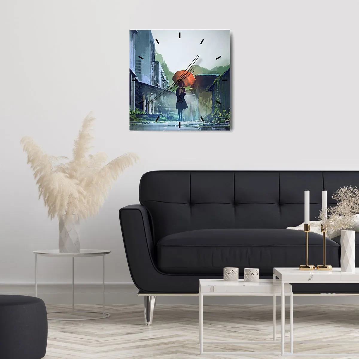 Orologio da parete - Orologio in Vetro - Una figura con un ombrello in una città piovosa - 30x30cm - Pioggia vivificante - Decorazione murale moderna per soggiorno e camera da letto ARTTOR