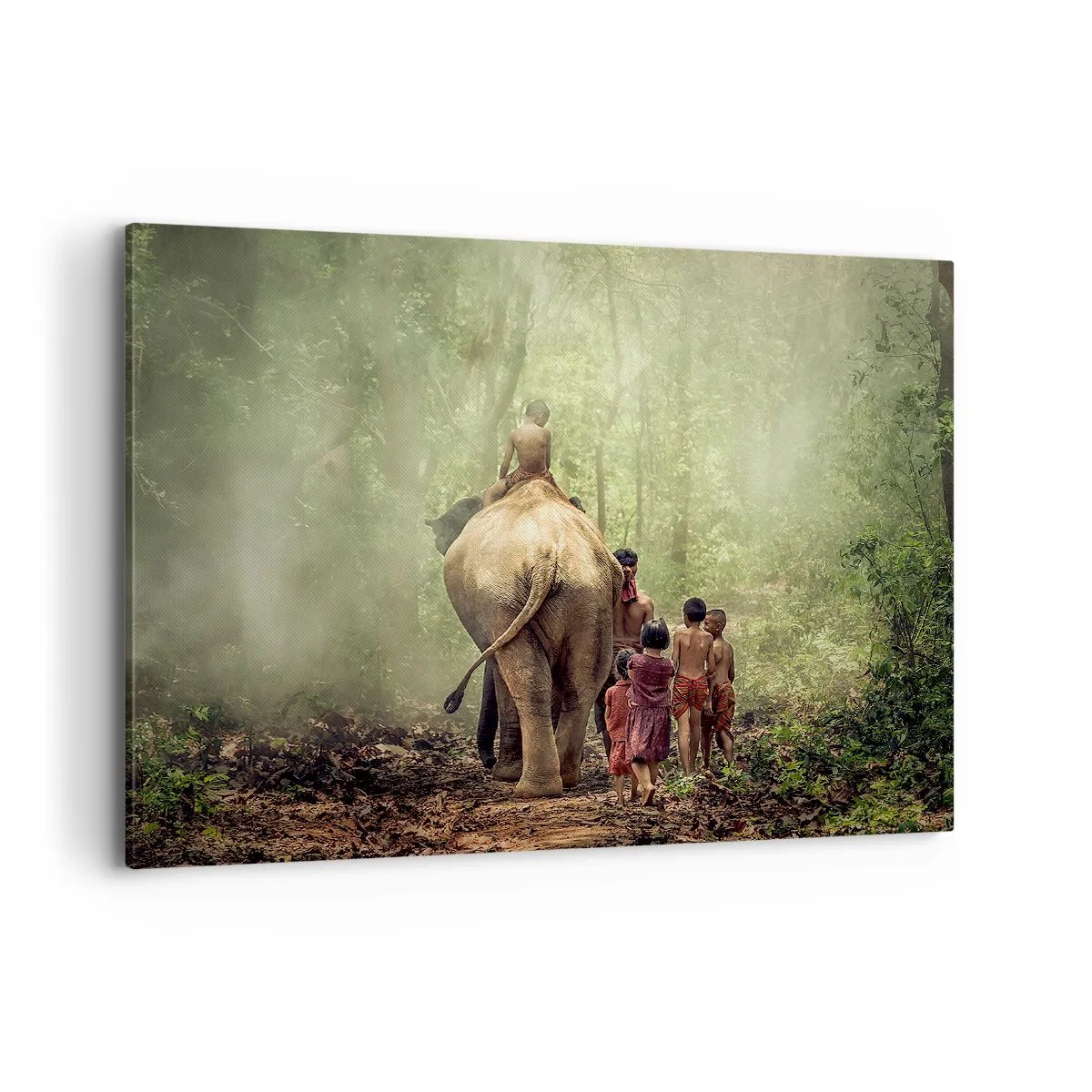 Quadro su tela - Stampe su Tela - Bambini con un elefante in una foresta verde alla luce del mattino - 100x70cm - Il nuovo Libro della Giungla - Decorazione murale moderna per soggiorno e camera da letto ARTTOR