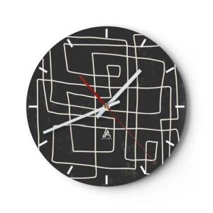 Orologio da parete - Orologio in Vetro - Linee geometriche bianche che formano una griglia intricata su uno sfondo nero. - 30x30cm - Non è così semplice - Decorazione murale moderna per soggiorno, cucina e camera da letto ARTTOR