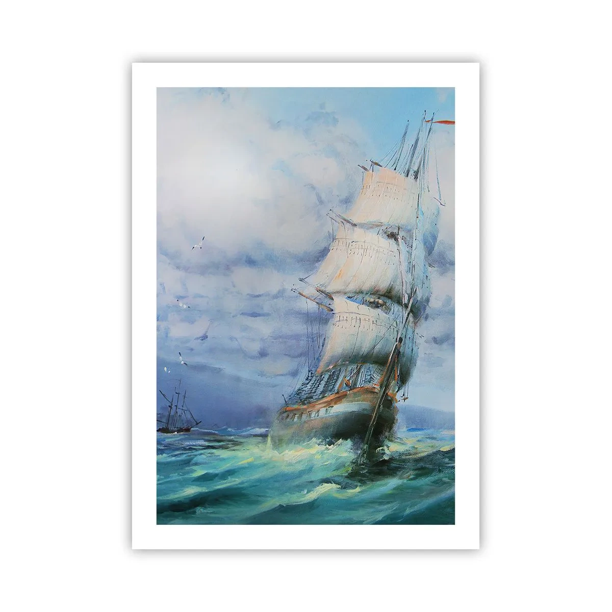 Poster - Una nave a vela su un mare in tempesta in acquerello - 50x70cm - Con il vento in favore - Decorazione murale moderna per soggiorno e camera da letto ARTTOR